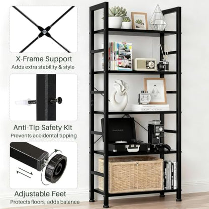 Modern Black 5-Tier Industrial Bookshelf - Free Standing Bookcase with Open Shelves