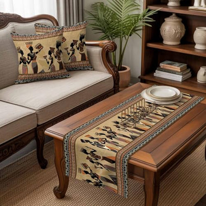 King Size Bed Runner Set 94x20in with 2 Pillow Covers - Black Ethnic Boho Decor
