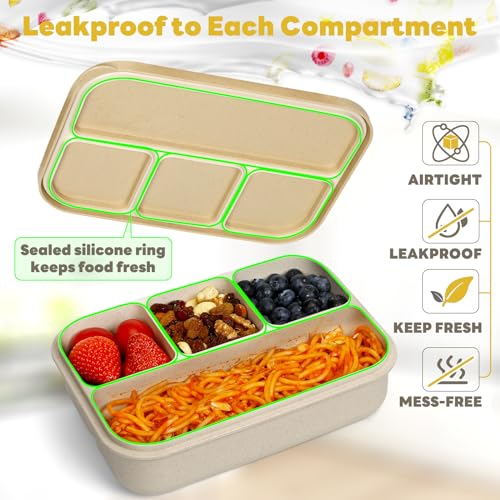 danliar Bento Lunch Box for Kids, Wheat Straw 5.5 Cups Leakproof Adult Bento Box with 2 Sauce Jars, 4 Compartments Lunchable Snack containers, Utensils, Microwave & Dishwasher Safe (Wheat Straw Beige)