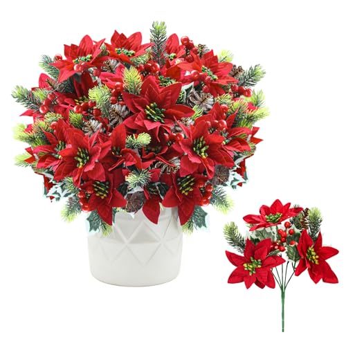 Artificial Christmas Poinsettia Flowers with Red Berries - Red & Green, 12 Pcs
