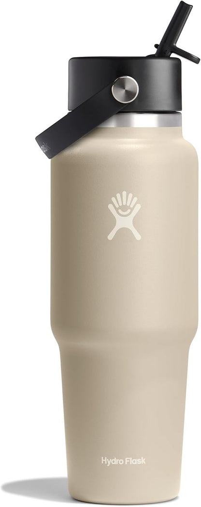 Hydro Flask Insulated Travel Water Bottle - Leakproof Wide Straw Lid - 32 Oz Oat Tan