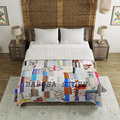 White Super King 108x108 Inch Handmade Patchwork Kantha Quilt Bedcover