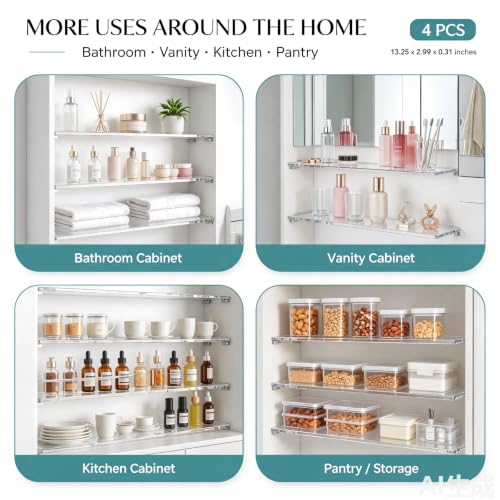 Acrylic Medicine Cabinet Shelves Set - Transparent 13.25 x 2.99 x 0.31 Inches, Pack of 4