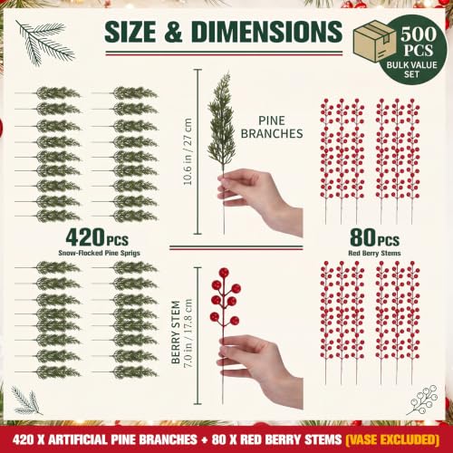 Snow Flocked Artificial Christmas Pine Stems with Red Berry Stems - 500 Pcs