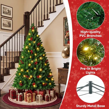 4.5 Ft Pre-Lit Artificial Christmas Tree with 120 LED Lights and Red Berries