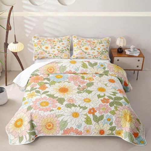 Feelyou Multi11 Boho Floral Quilt Set Twin - Colorful Wild Flowers Bedding