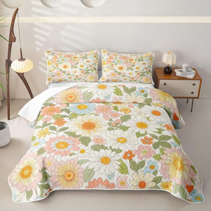 Feelyou Multi11 Boho Floral Quilt Set Twin - Colorful Wild Flowers Bedding