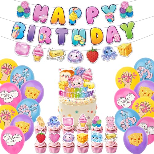 Squishy Birthday Decorations Set with Banner Balloons & Cake Toppers - Variation of Squishy Decorations