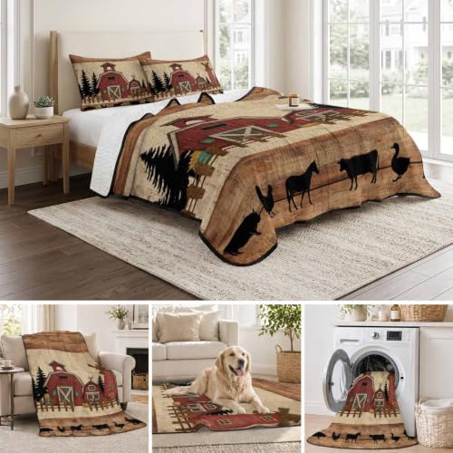 Brown Full Quilt Bedding Set with 2 Pillow Shams - Farmhouse Windmill Design