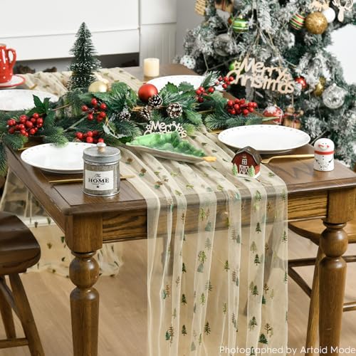 28 x 120 Inch 3-Piece Embroidery Christmas Table Runner Apricot Set