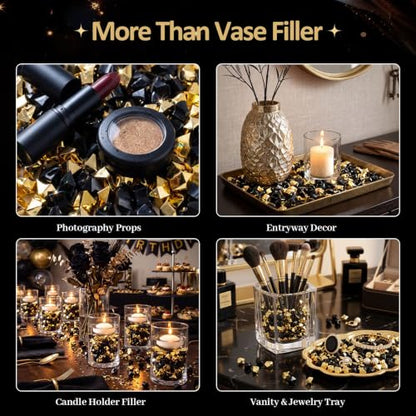 DomeStar Black and Gold Acrylic Ice Rocks Vase Filler 150PCS - Elegant Party Decor