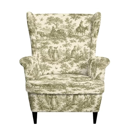 Vintage Toile De Jouy Wingback Chair Cover - Dustproof Slipcover with Elastic Bottom, Pet Safe