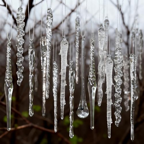 32-Piece Glass Icicle Christmas Ornaments - Textured Clear Decor for Tree & Holiday Displays