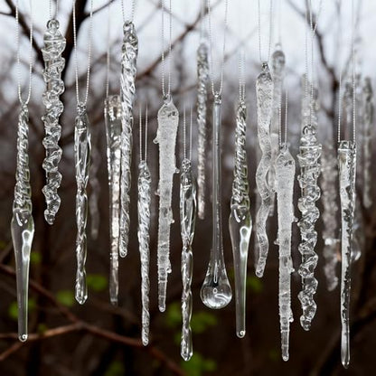 32-Piece Glass Icicle Christmas Ornaments - Textured Clear Decor for Tree & Holiday Displays