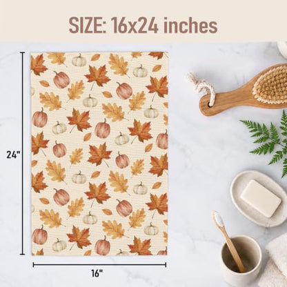 Fall Pumpkin Kitchen Towels Set of 2 - Autumn Leaves Thanksgiving Dish Towels