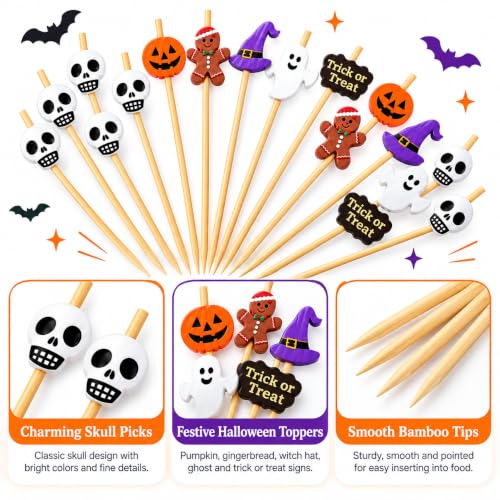 Halloween Skull & Themed Cocktail Picks - 150 Pcs Food & Drink Toothpicks