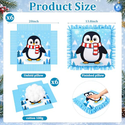 Penguin Pillow Craft Kit - No Sew Fleece Tie Pillows with Stuffing - 6 Sets