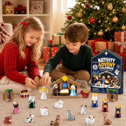 Nativity Advent Calendar with Resin Figures - 24 Day Christmas Scene Set