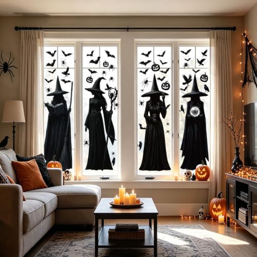 4 Large Halloween Window Clings for Decorations - Spiders, Bats, Pumpkins