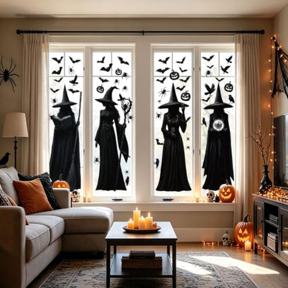 4 Large Halloween Window Clings for Decorations - Spiders, Bats, Pumpkins