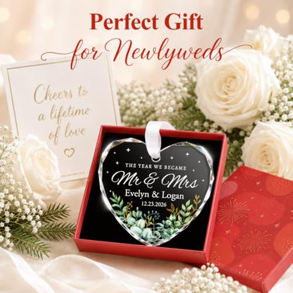 Eucalyptus Mr and Mrs Heart Wedding Ornament - Personalized Couple Gift