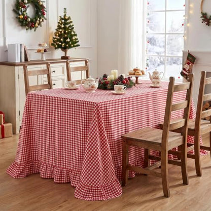 Eternal Beauty Red & White Gingham Ruffled Tablecloth 60x84 Inches - Christmas & Fall Decor