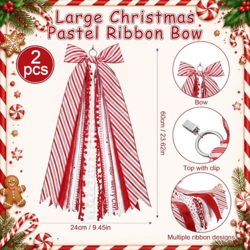 2 Pcs Candy Cane Christmas Wreath Bow with Clip - Red & White Variation
