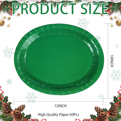 Green Oval Paper Plates 50 Pack - Large 12x10 Inch for Parties & Holidays
