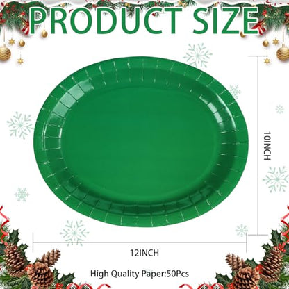 Green Oval Paper Plates 50 Pack - Large 12x10 Inch for Parties & Holidays