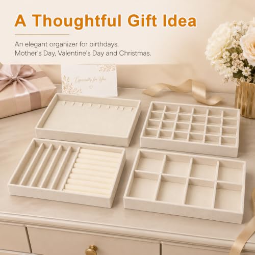 Velvet Jewelry Drawer Organizer Trays 4-Layer Beige Storage Set