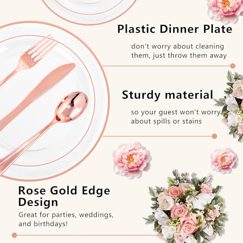 50 Guest Rose Gold Plastic Dinnerware Set for Weddings & Parties