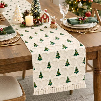 Christmas Table Runner 13x72 Inch with Tassels and Festive Tree Design - Soft Plush, Holiday Decor