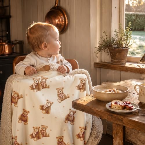 Fleece Baby Blanket 30x35 Inches - Tan Bear Plush Reversible Crib Cover for Boys & Girls