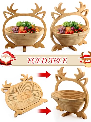 Christmas Elk Wooden Fruit Basket with Handle - Foldable Holiday Decor