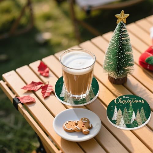 Christmas Ceramic Coasters Green Gold Xmas Tree Drink Coasters Set - Holiday Home Decor