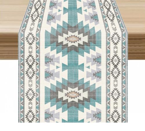 Aztec Table Runner Ethnic Southwestern Navajo Tribal Decor Bluewhite 13x60in