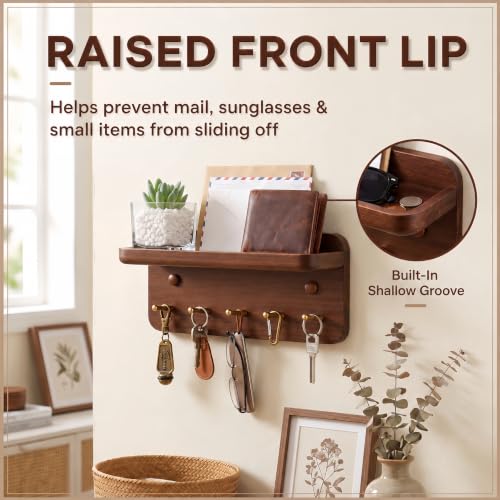 Solid Wood Wall Key Holder with Brass Hooks & Hidden Magnets, Organize Entryway