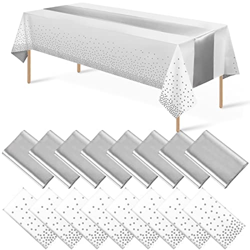 White and Silver Tablecloth and Satin Table Runner Set - 16 Pack for Weddings & Parties