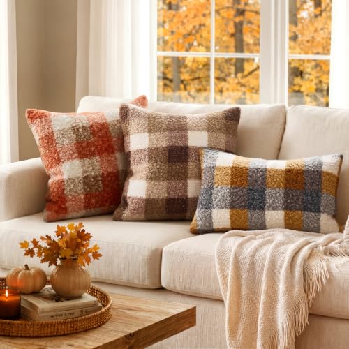 Fall Plaid Pillow Covers Set of 2 18x18 Inches Boucle Orange Rustic Farmhouse