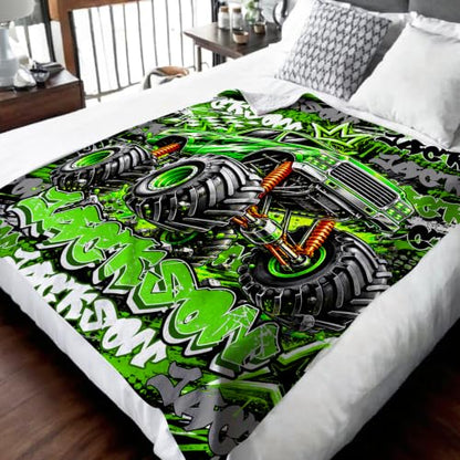 Personalized Boys Truck Blanket - Green Custom Throw for Kids Teens & Adults