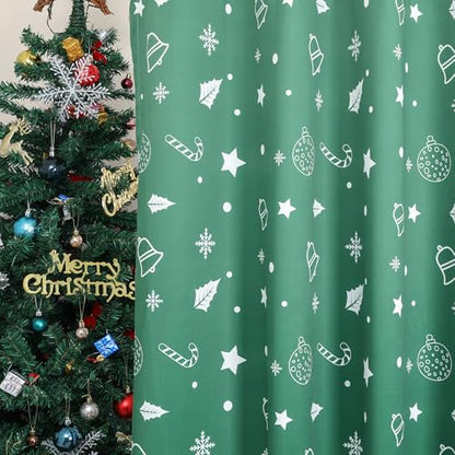 Green Xmas Curtains 52x84 Inches Pack of 2 Snowflakes & Stars Printed Blackout Window Drapes