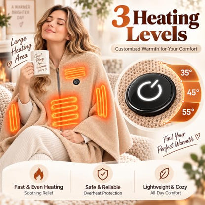 USB Heated Shawl Wrap for Women - White, Portable & Adjustable 3-Heat Settings