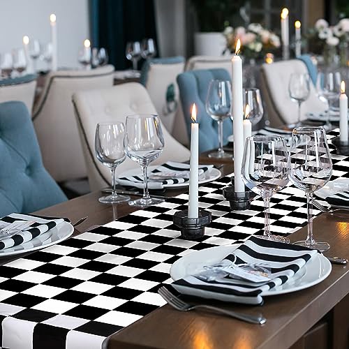Preboun 3 Pcs Black White Checkered Plastic Table Runner 14x108 Inches - Racing Theme Party Supplies