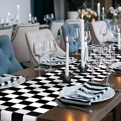 Preboun 3 Pcs Black White Checkered Plastic Table Runner 14x108 Inches - Racing Theme Party Supplies