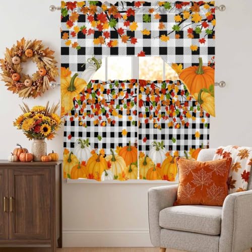 Black Orange Fall Pumpkins Window Curtains Set 3 Pieces - 27.5W x 36L