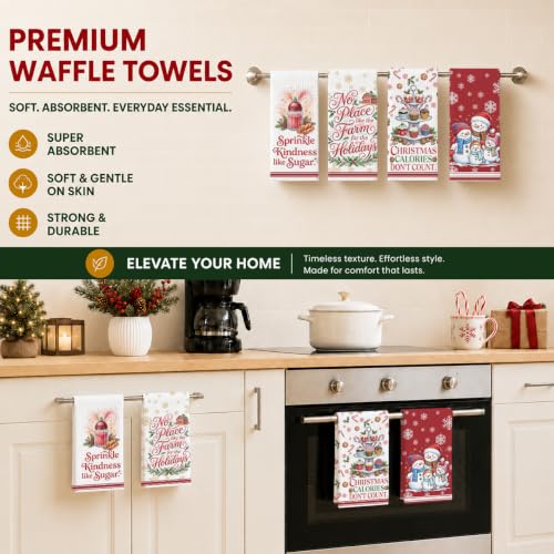 Christmas Kitchen Towels Multi 1665 - Soft Absorbent Waffle Hand Towels (4 Pack)