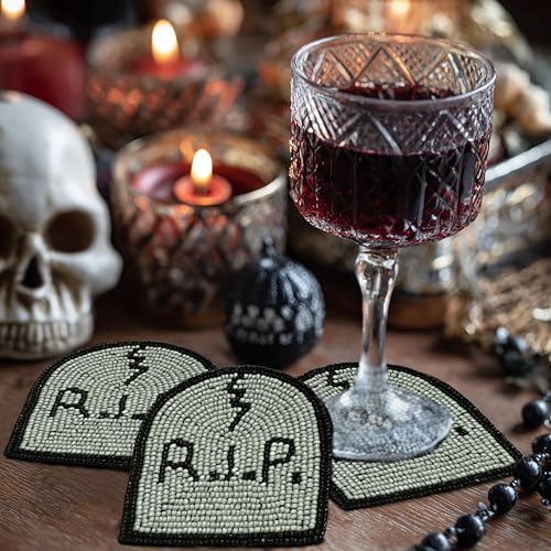 Halloween Beaded Coasters Set - Gravestone RIP Design, 4 Pack, Black & Grey