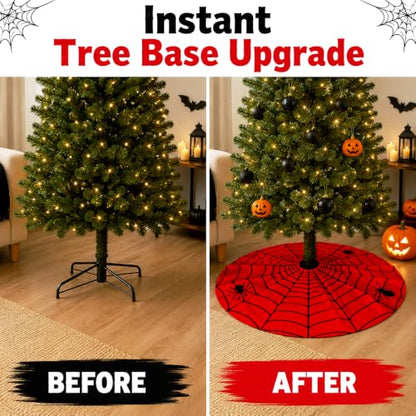 36-Inch Halloween Spider Web Tree Skirt with Red & Black Web Design - Gothic Holiday Decoration