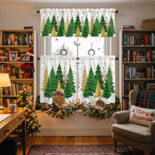 Christmas Tree Kitchen Curtains Valance and Tier Set - Green White Snowflakes, Stars, Gold Tree & Variation of THIS Listing