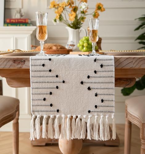 Black Beige Cotton Linen Rustic Boho Table Runner 13x108 Inches - Caflife